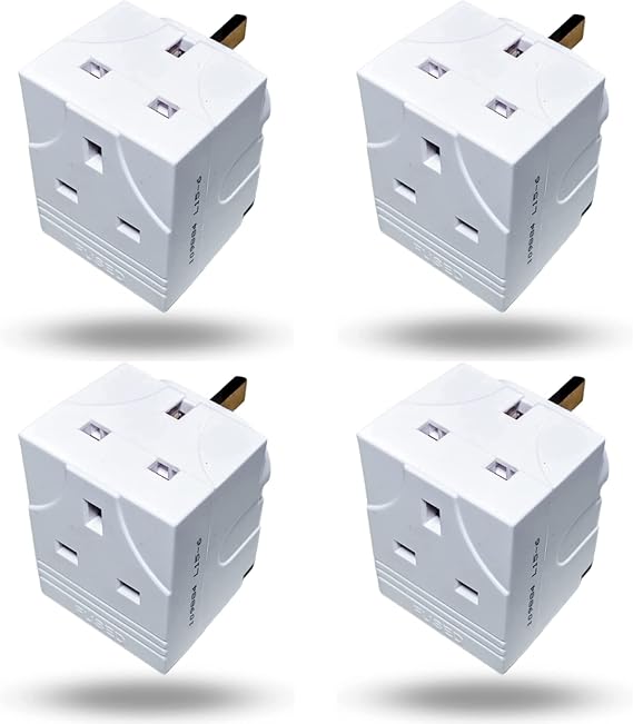 3 Way Multi Plug Adapter 13A 250V UK, Adapter plug uk, 3 Pin Outlet Splitter, Compact Power Extension Lead for Home Kitchen Travel, Multi Socket Plug, Double Adapter UK (Pack 4)