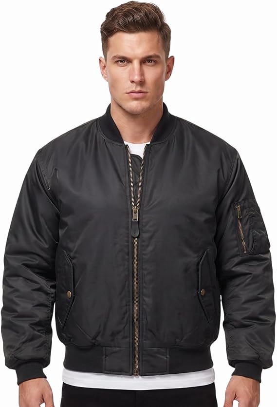 MA1 Bomber Jacket Mens Reversible Pilot Flight Coat Padded Military Air Force Lightweight Retro Biker Outerwear Brass Zip Utility Sleeve Pocket Orange Lining
