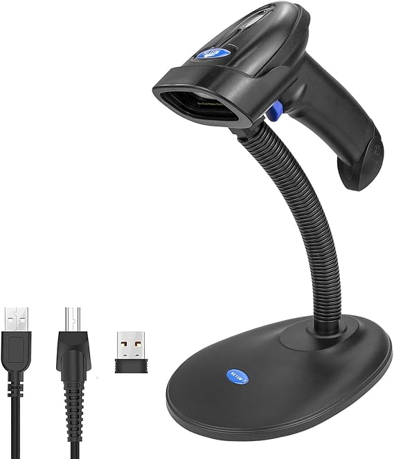 NETUM Bluetooth Barcode Scanner with handsfree stand, Wireless 1D USB Bar Code Reader for Inventory Work with Windows/Mac OS/Linux Computer, IOS, Android NT-1228BC-WS