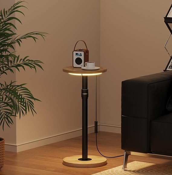 Tall Small Round Side Table with Led Light for Sofa Bed, 25cm Narrow Wood End Table Coffee Table Bedside Table Hight Adjustable 47 to 82cm for Living Room Bedroom