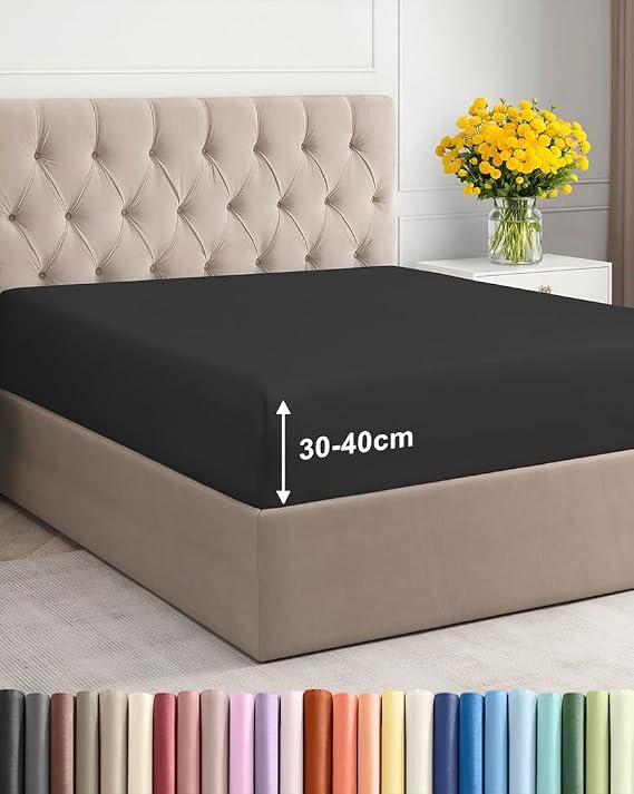 Fitted Sheet Double 135x190 - Microfibre Extra Deep 40cm (16") - Black