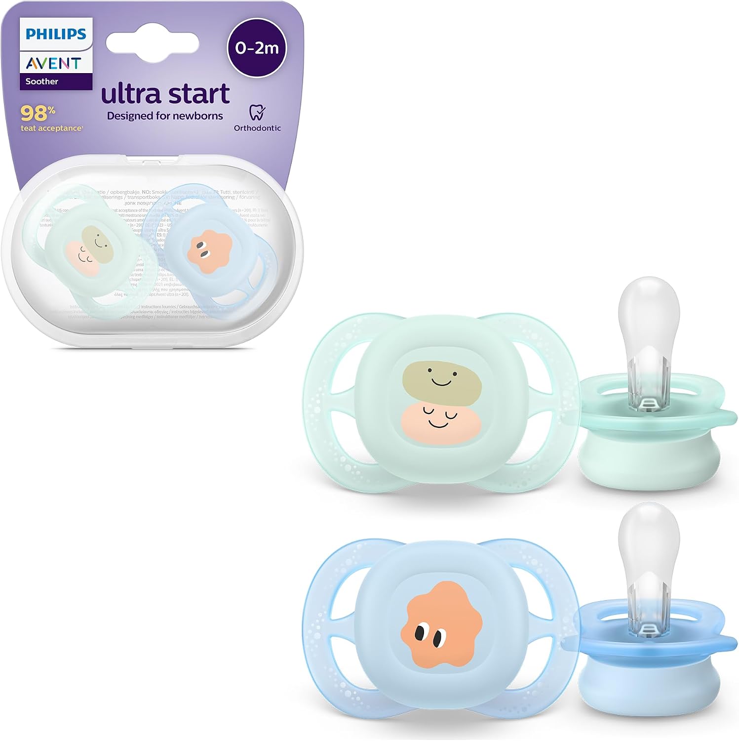 Philips Avent Ultra Start Soothers, Orthodontic Dummies Designed for Newborns, Silicone Symmetrical Teat, BPA Free, with SterilisingCarrying Case, 2 Pack, Model SCF07504