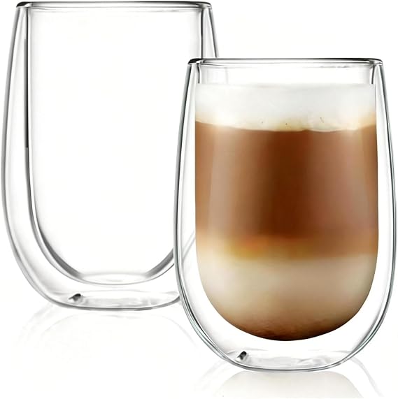 CNGLASS Insulated Double Wall Thermal Glass Cups 290ml, Clear Borosilicate Coffee Glasses Set of 2