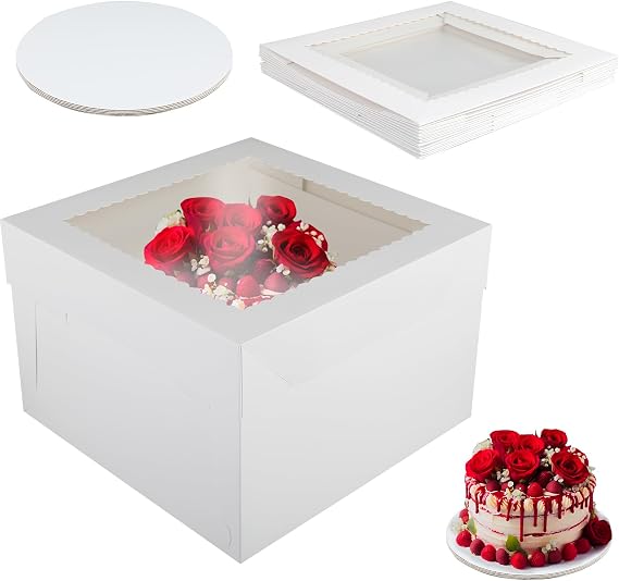 Cake Box Set 12x12x8 inches (30x30x20cm) - 5 pieces tall cake box with viewing window and 5 pieces of 2mm 12 inch cake base, cake box and