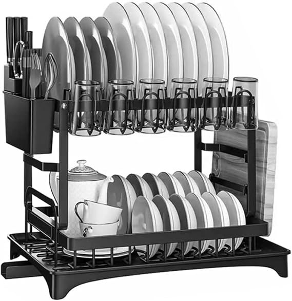 Dish Drainer Rack, 2-Tier Sink Dish Drainer with Drip Tray, Dish Drying Rack with Cup Holder and Utensil & Cutting Board Holders, Dish Rack for Kitchen Countertop or Sink, Black