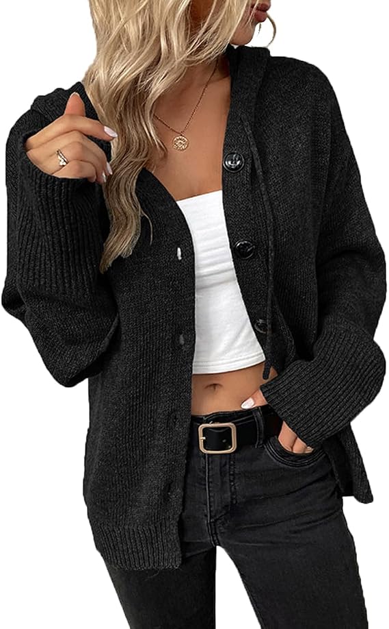 Women's Long Sleeve Cardigans Hooded Sweater Open Front Kimono Knitwear Loose Knitted Cardigan with Hood