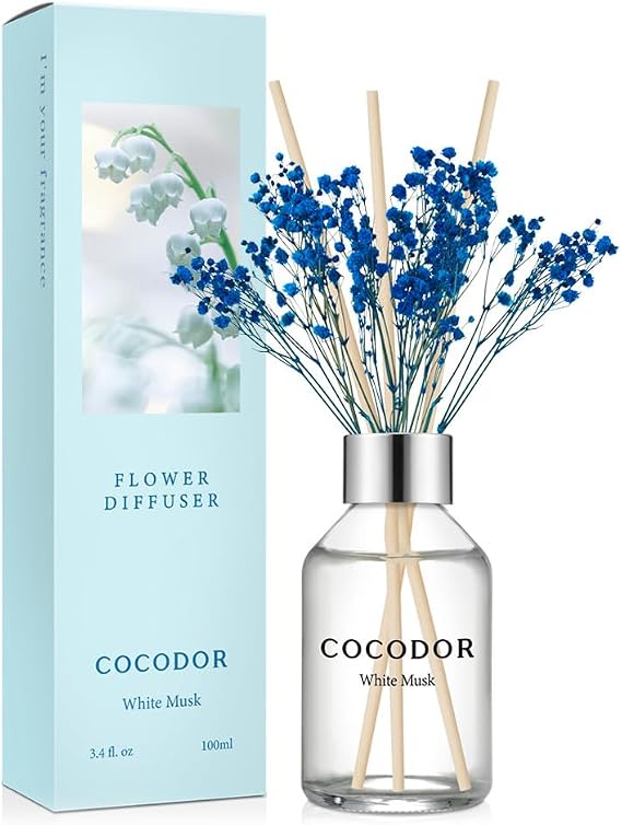 COCODOR Flower Reed Diffuser set / 100ml / White Musk/Scent Diffuser with Sticks Home Fragrance Reed Diffuser for Bathroom Shelf Decor