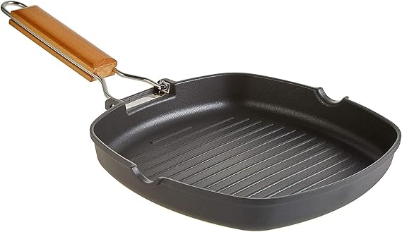WECOOK! Ecostone Grill Induction Grill Stripes 7.9 x 20 cm, Non-stick ILAG PFOA-free, Cast Aluminum, 5 mm Thick, Folding Wooden Handle, Suitable for All Cookers, Ceramic, Gas