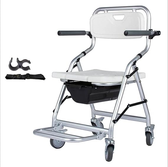 Folding Commode Chair, Portable Folding Bathroom Wheelchairs Stool, Bath Shower Chair with Armrests and Wheels, for Handicap Elderly (Size : B(With accessories))
