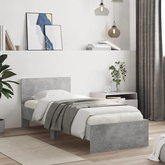 Grey Single Bed Frame No Mattress 90 x 200 cm Engineered Wood with Headboard Sturdy Plywood Slats Modern Bedroom Furniture for Guest Room Teen Loft Studio Flat