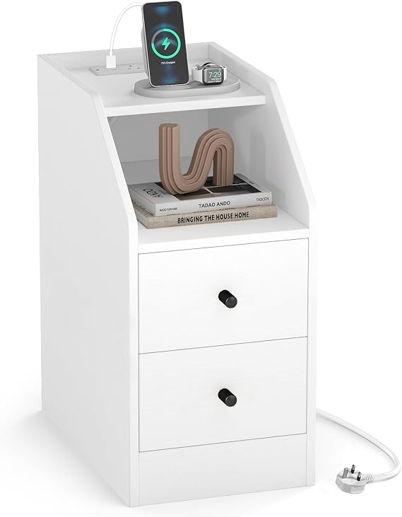 COSTWAY Narrow Bedside Table with Charging Station (White,1)