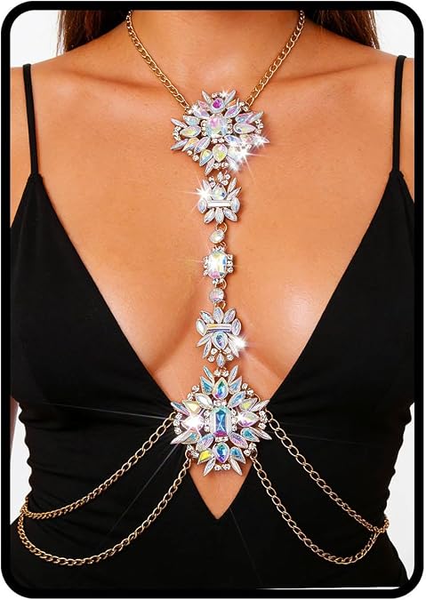 ELABEST Boho yapay elmas ifadesi, göğüs zinciri, kristal kolye, vücut zinciri, yaz ve plaj vücut takısı, aksesuar, kadınlar ve kızlar için