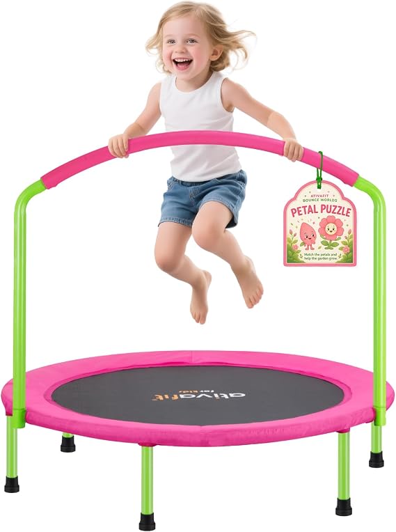 ATIVAFIT 36''Foldable Rebounder Band Big Handle Trampoline for Toddlers Kids With Super Safety Pad Foam Handle Oxford Padded Noise-Free Kids Cover Fun for Kids Indoor/Outdoor for 3-6 years old