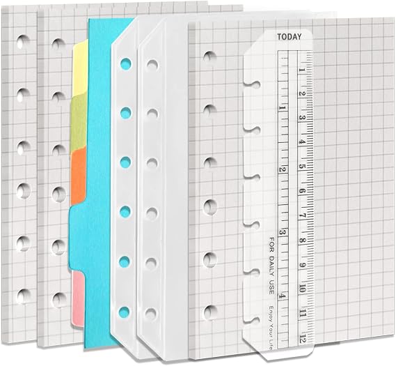 DY.2ten A7 Notebook Refill Set with 6 Holes 135 Sheets (270 Pages) Graphic Paper + 2 Zipper Pockets + 5 Dividers + Ruler For Filofax Refill Sheets