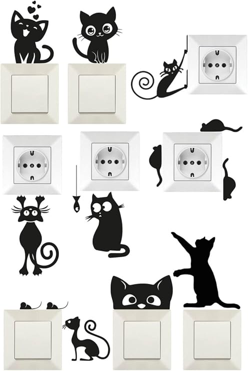 Duvar Sticker 9'lu Sevimli Kedili Priz Üstü Sticker Siyah, 795258222266