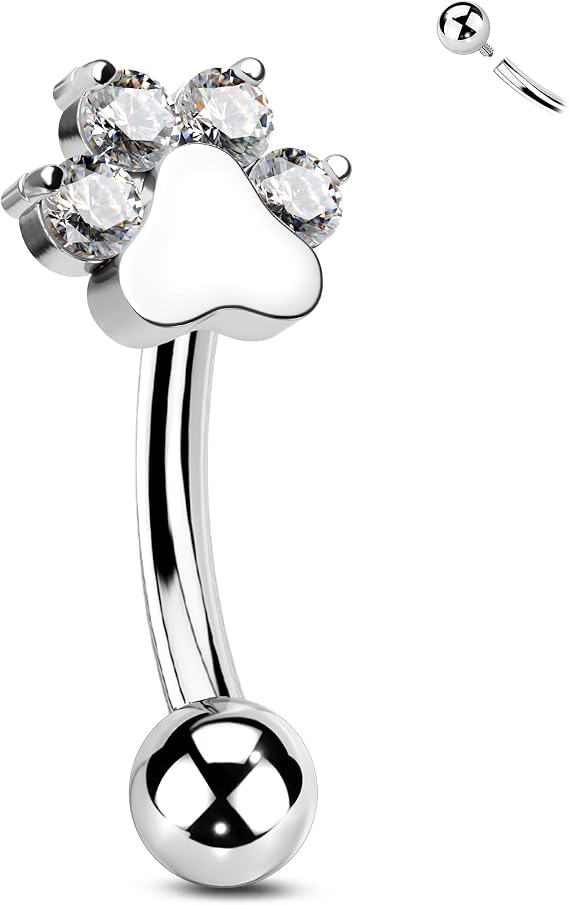 CM Crareesi Mania Titanium Rook Piercing Jewellery Paw Eyebrow Bar Cartilage Helix Earring Curved Barbell Internally Threaded Daith Tragus Jewelry 16G Vertical Labret Lip Bars Clear CZ 8mm 6mm