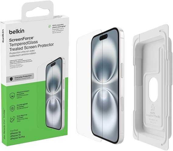 Belkin ScreenForce TemperedGlass Treated Screen Protector for iPhone 15/14 Pro, Slim, Crystal Clear, Scratch-Resistant, Full Screen Tempered Glass Film, Easy Align Tray for Bubble Free Application