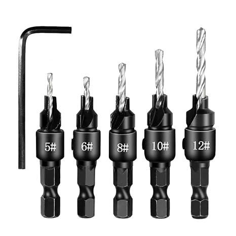 Countersink Drill Bit Set, 5 PCS Quick Change 1/4 inch Hex Shank Countersink Drill Bit, Adjustable Woodworking Countersink Drill Bit with One Hex Wrench, for Wood, Plastic, Composite Panels