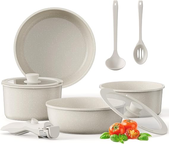 Pots and Pans Sets Non Stick, Induction Hob Pan Set 9PCS Cookware for Kitchen & RV – White