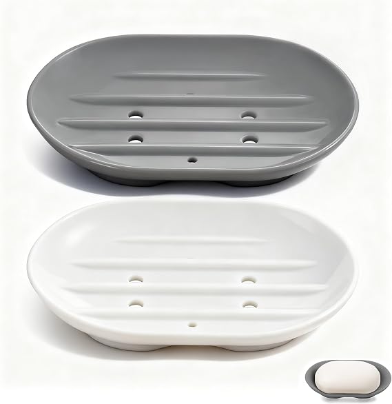 2-Pack Silicone Soap Dish Holder -Flexible Soap Box Self-Draining, Anti-Slip Soap Tray for Shower, Bathroom & Kitchen Countertop or Shelf, Easy to Clean