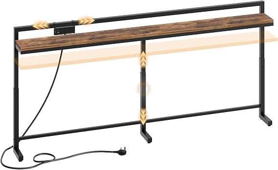 YATINEY 200 cm Slim Console Table with Adjustable Height (70 cm-90 cm), Behind Sofa Table Skinny with Outlet, Long Entryway Table, Couch Table Behind Sofa for Living Room, Rustic Brown XCT22KBR