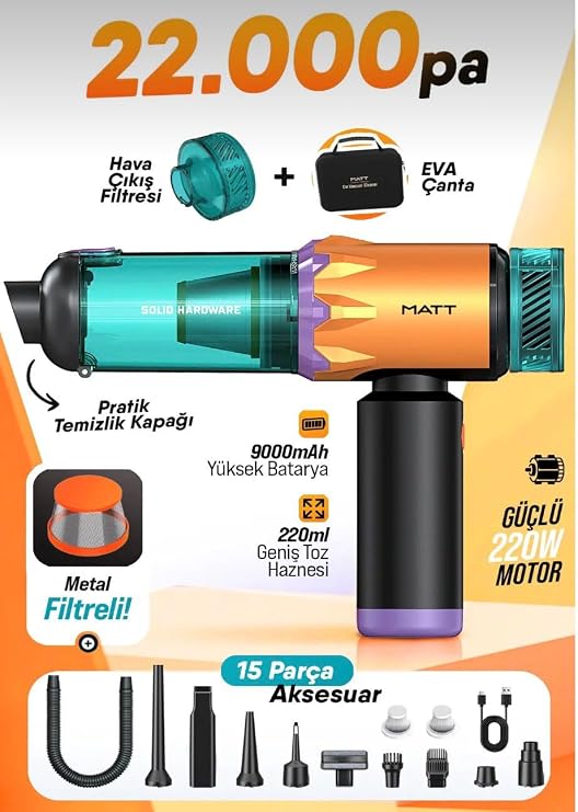 Kablosuz Araç Süpürgesi 220W 22000Pa Güçlü Vakum & Üfleme Özellikli Şarjlı Oto Süpürge MCV22 Turuncu