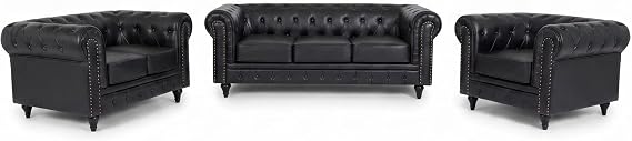 Bravich Chesterfield Faux Leather Sofa Set Black 3 Piece Suite, Living Room