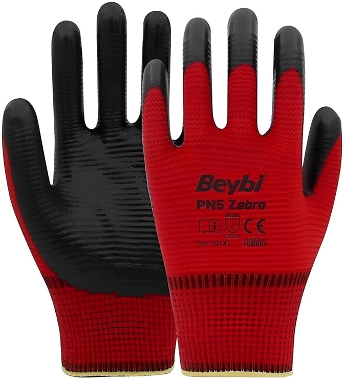 Beybi Pn5 Kırmızı Zebra Polyester Örme Nitril Işçi Eldiveni 10 Çift 10 Numara