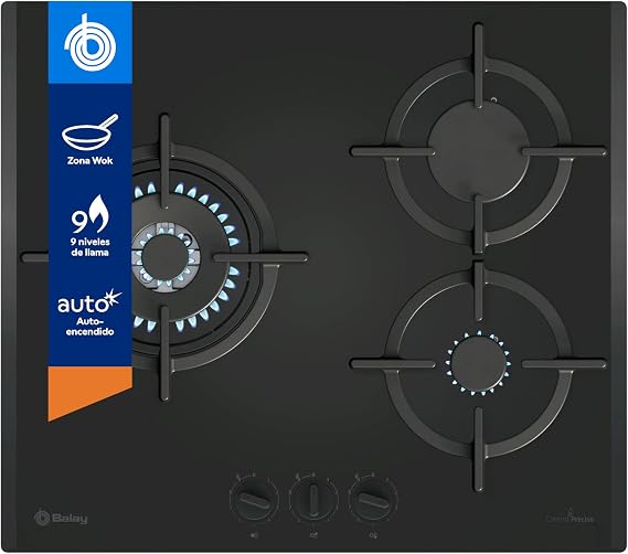 Balay 3ETG663RN Gas Hob, 3 Burner, Self-ignition, GasStop, Black, 3ETG663RN