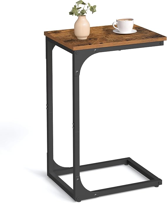 VASAGLE C-Shaped Side Table, Bedside Table, Sofa Side Table, Coffee Table, with Metal Frame, Industrial, for Living Room, Bedroom, Rustic Brown and Black LET350B01