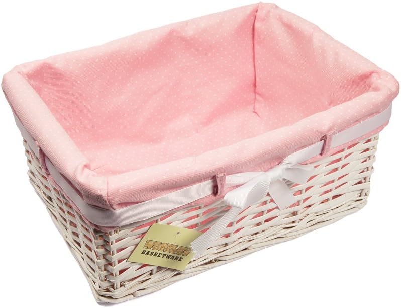 1 X Medium Rectangular White Willow Wicker Hamper Storage Basket-With Pink Dot Linning Gift Hamper Basket By Woodluv