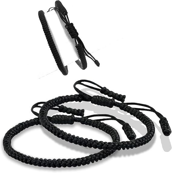 Handmade Woven String Bracelets Pack of 2, Adjustable Friendship Womens Mens Rope Bracelets, Black Buddhist Braided Thread Men's Bracelet, Good Luck Boosting Bracelet with Adjustable Lengths