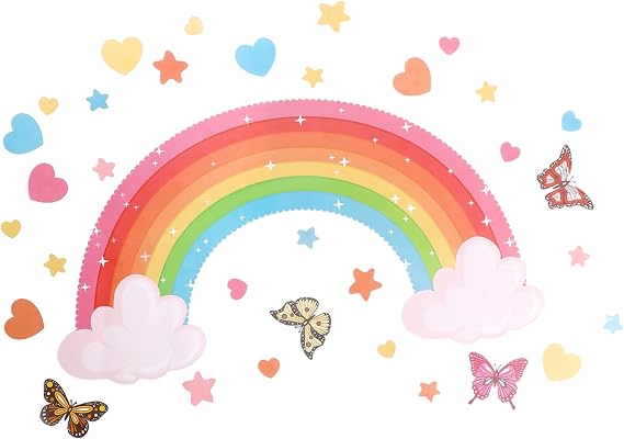 1 Set Large Rainbow Wall Stickers with Butterflies Stars Hearts Rainbow Wallpaper Colorful Star Clouds Decals for Kids Removable Baby Nursery Girls Bedroom Art Decoration