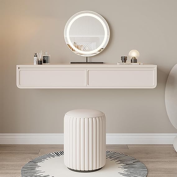 Makeup Vanity Table Set Wall Mounted with Stool, 2 Drawers, Round Mirror, Dimmable Lighting - Bedroom Dressing Tables