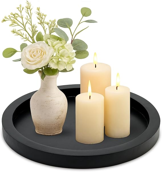 Black Round Wood Decorative Tray for Display Coffee Table Living Room Decor