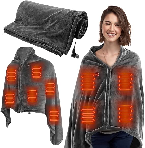 USB Electric Throw Heated Blanket, Wearable Heated Throw Blanket, Portable USB Heating Pad with 3 Temp Settings, Washable USB Heated Blanket, Wearable Heated Shawl for Home, Office