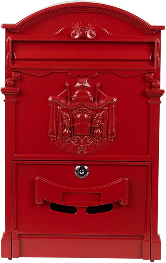 Lambda Matt Red Letterbox Wall Mount Locking Vintage Lockable Metal Mailbox - Large Capacity Postbox Security Mailbox - Outdoor Mail Box