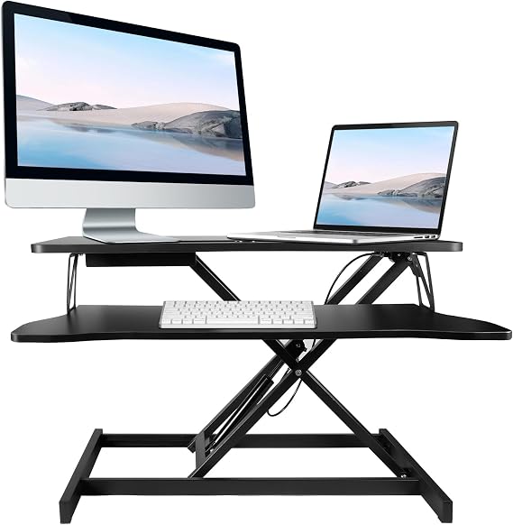 Height-Adjustable Standing Desk Converter – 94cm Wide Tabletop Workstation for Dual Monitors with Spacious Keyboard Tray (Black L)