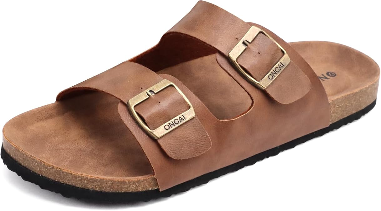 ONCAI Herren-Hausschuhe-Pantoletten-Schlappen-Sommerschuhe Flache Sandalen schieben und Sommer Drinnen und Draußen Kork-Sandalen Mit Verstellbarer Rieme