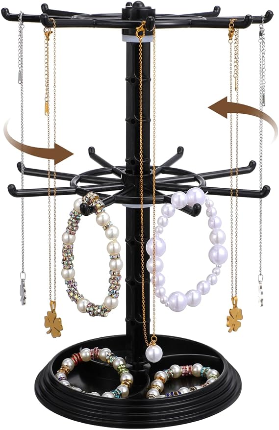 Angoily Rotating Keyring Display Stand - 2 Tier Black Metal Keychain Rack