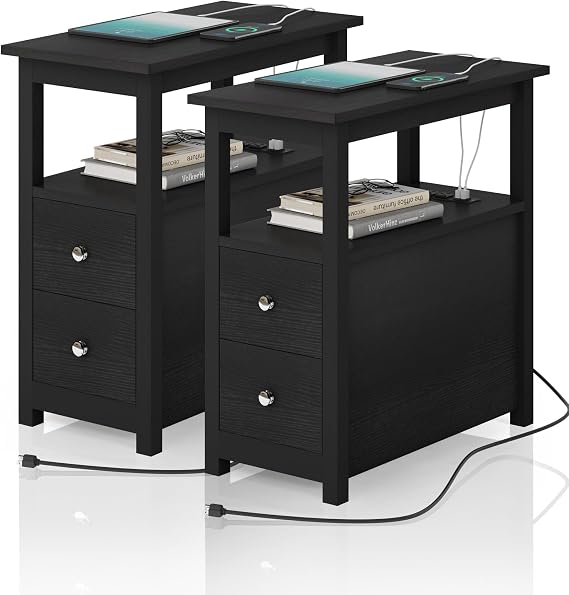 Bedside Table Set of 2, End Table Black for Living Room, Side Tables with Charging Station, Nightstand with 2 USB Ports and 2 Power Outlets, Wooden Small End Table(Black)