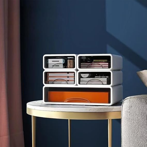 5 Tier Desk Organiser Drawers, Stackable White Desktop Drawers Storage, Plastic Make up Desk Storage Box with 5 Drawers for Home Collection, Makeup, Office Supplies