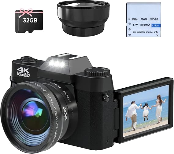CCN Digital Camera 4K 48MP Photo Camera with 180° Flip 3.0 Inch Screen 16X Digital Zoom Compact Camera 32GB TF Card with Macro Lens and Wide Angle Lens WiFi Functionality Upgrade Version Black