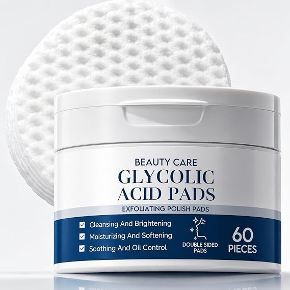 Glycolic Acid Pads, Exfoliating Pads for Face with Double Sided Design, Facial Radiance Pads & Toner Pads Infused with Hyaluronic Acid, Gentle Face Pads Cleansing Cotton for Smoothing & Pore Care