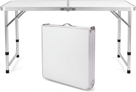 BARGAIN FACTORY Folding Table 4ft Heavy Duty Picnic Table Sturdy Metal Frame With Handle, Adjustable Height Portable Waterproof Easy to Carry Ideal for BBQ Party Camping, Beach, Indoor & Outdoor Use