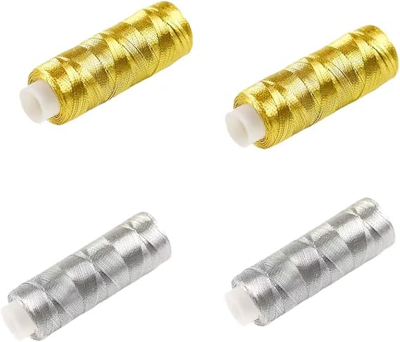 4 PCS Metallic Weaving Thread Shiny Effect Golden Thread and Silvery Jewellery Threads for Quilting,DIY Crafts Bracelet String Stitch Weave Yarn
