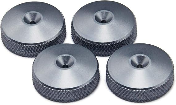 PrecisionGeek® Aluminium Speaker Spike Pads, CNC Machined Isolation Pads for HiFi Speakers, Subwoofers and Speaker Stands (Grey Anodised - Knurled - 4 Pack)