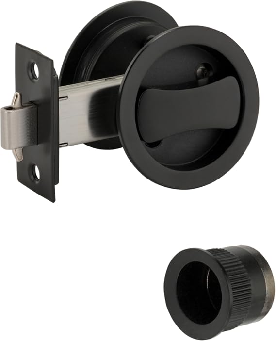 HANDLEZONE® Round Sliding Privacy Door Lock Kit – Black Matt Finish – Finger Pull with Hook Lock – for Bathroom or Toilet Sliding Doors