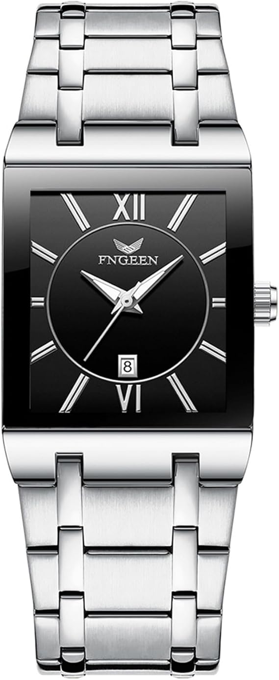 Analog Quartz Square Watch: Men's Gold Big Face Waterproof Calendar Stainless Steel Rectangle Business Wrist Watch, silver black, Contemporary