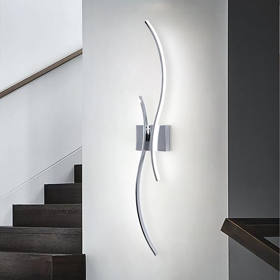 EIDISUNY Led Wall Light - Modern Wave Bar LED Wall Sconce, Silver - 100cm, 28W (Cool White Light) for Living Room, Hallway, Bedroom, Vanity Mirror [Energy Class E]